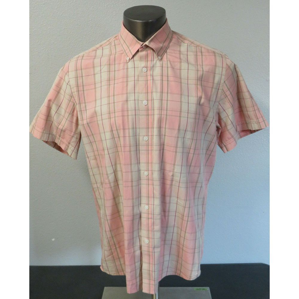 Mens Charleston Threads Short Sleeve Button Front Shirt Size L Pink Plaid Cotton